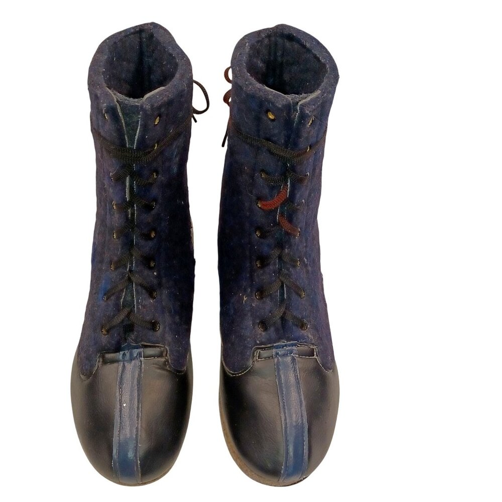 Biltrite Vintage Streetwear Mens 9 Mid Calf Blue Black Felt Block Heel Boots - Picture 2 of 14
